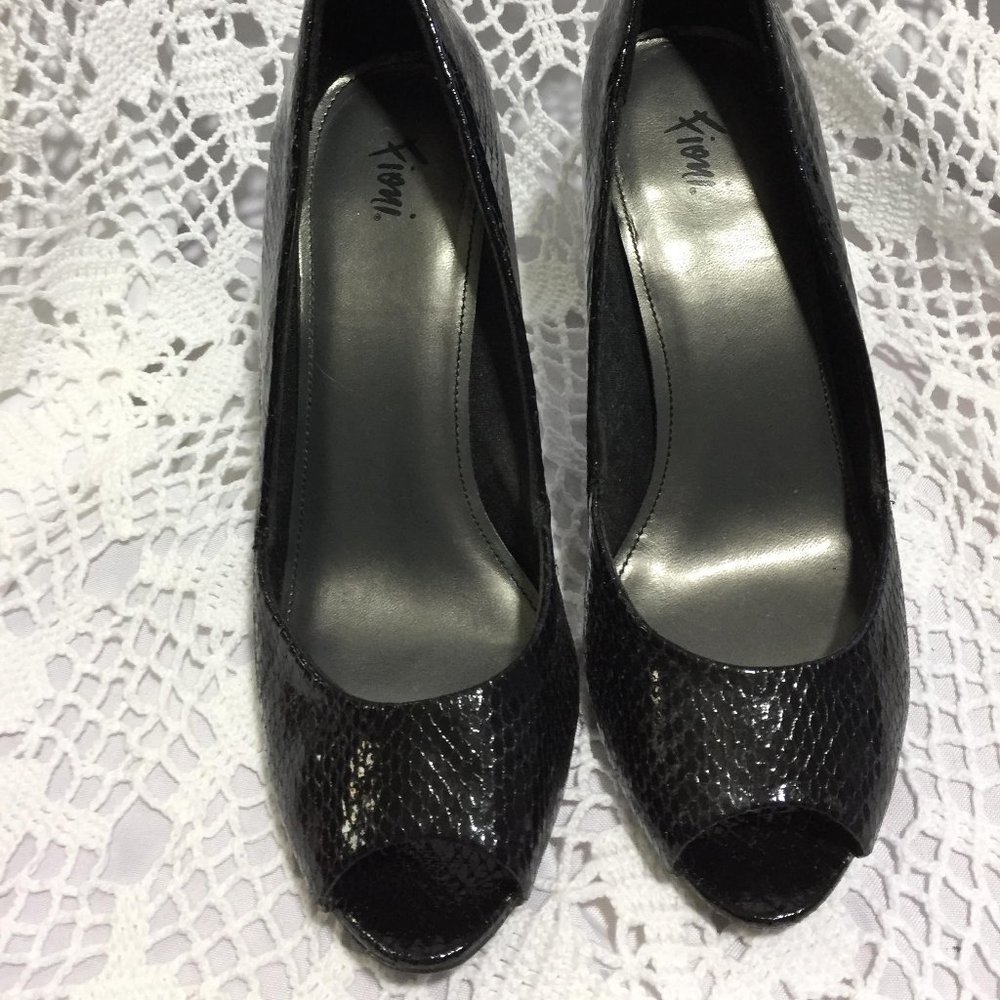 Fiona Black Faux Snake Open Toe Pumps